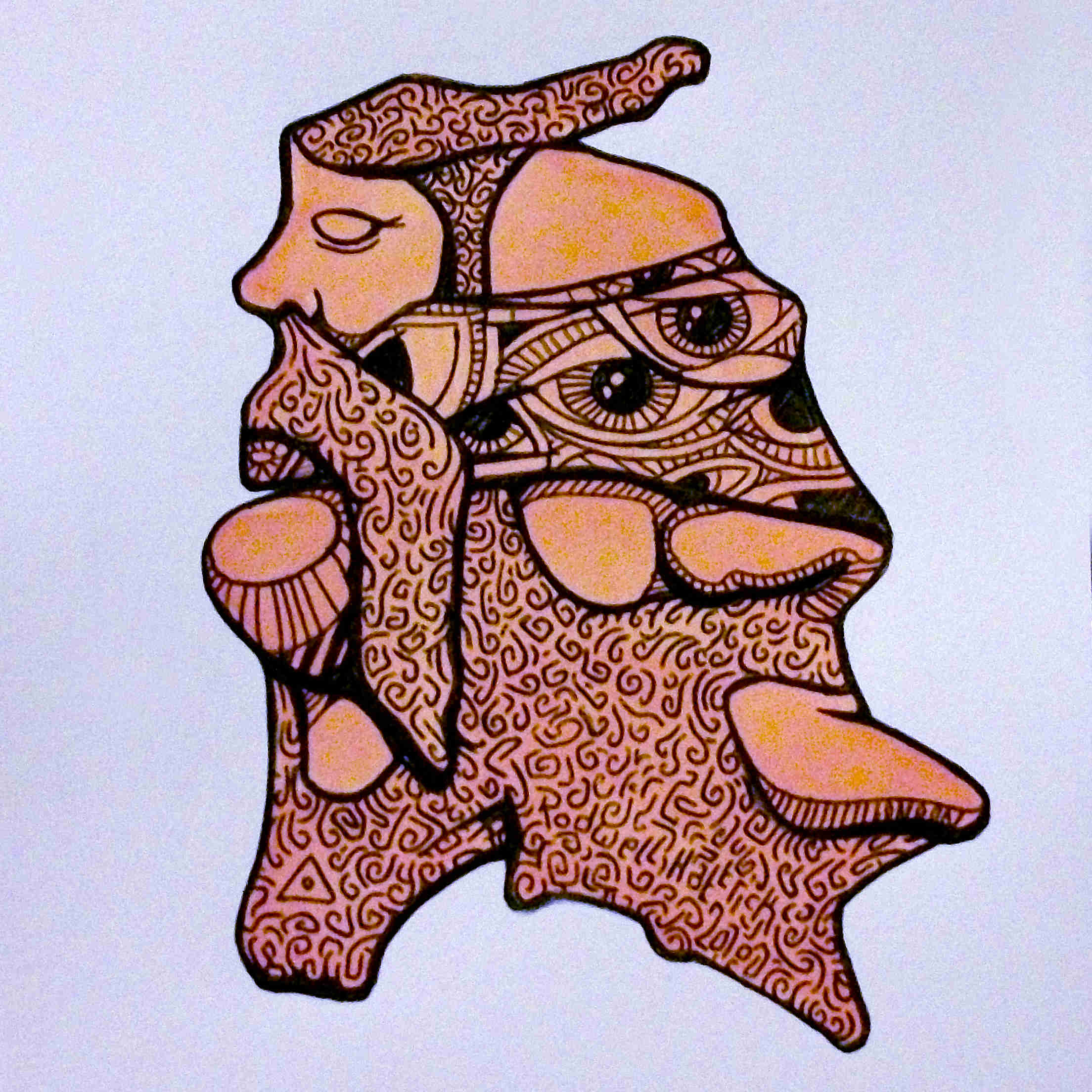 Ink drawing of an unusual face with a blindfold covering the eyes, with eyes printed on the blindfold.