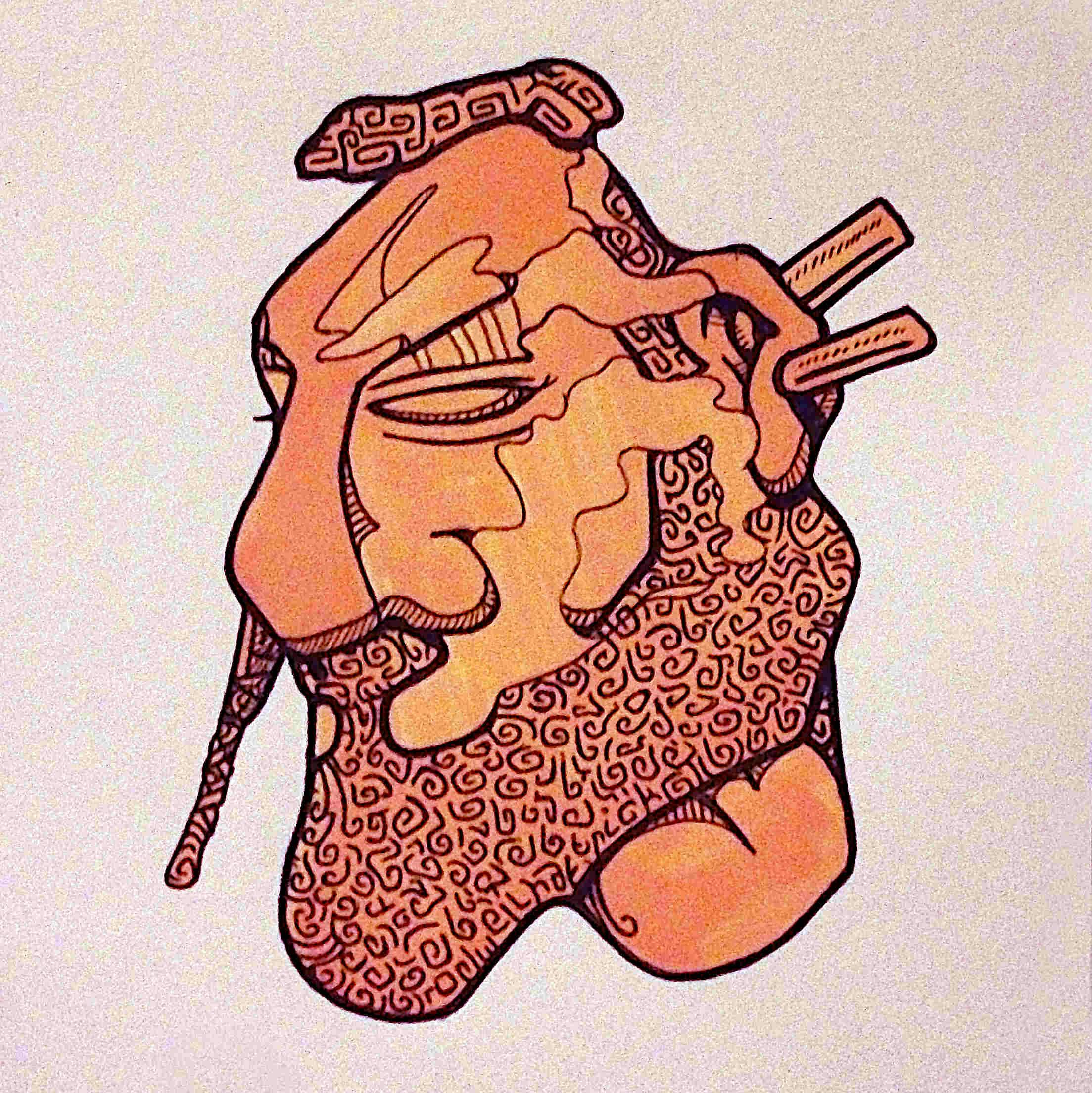 A coloured in drawing of a strange bearded face.