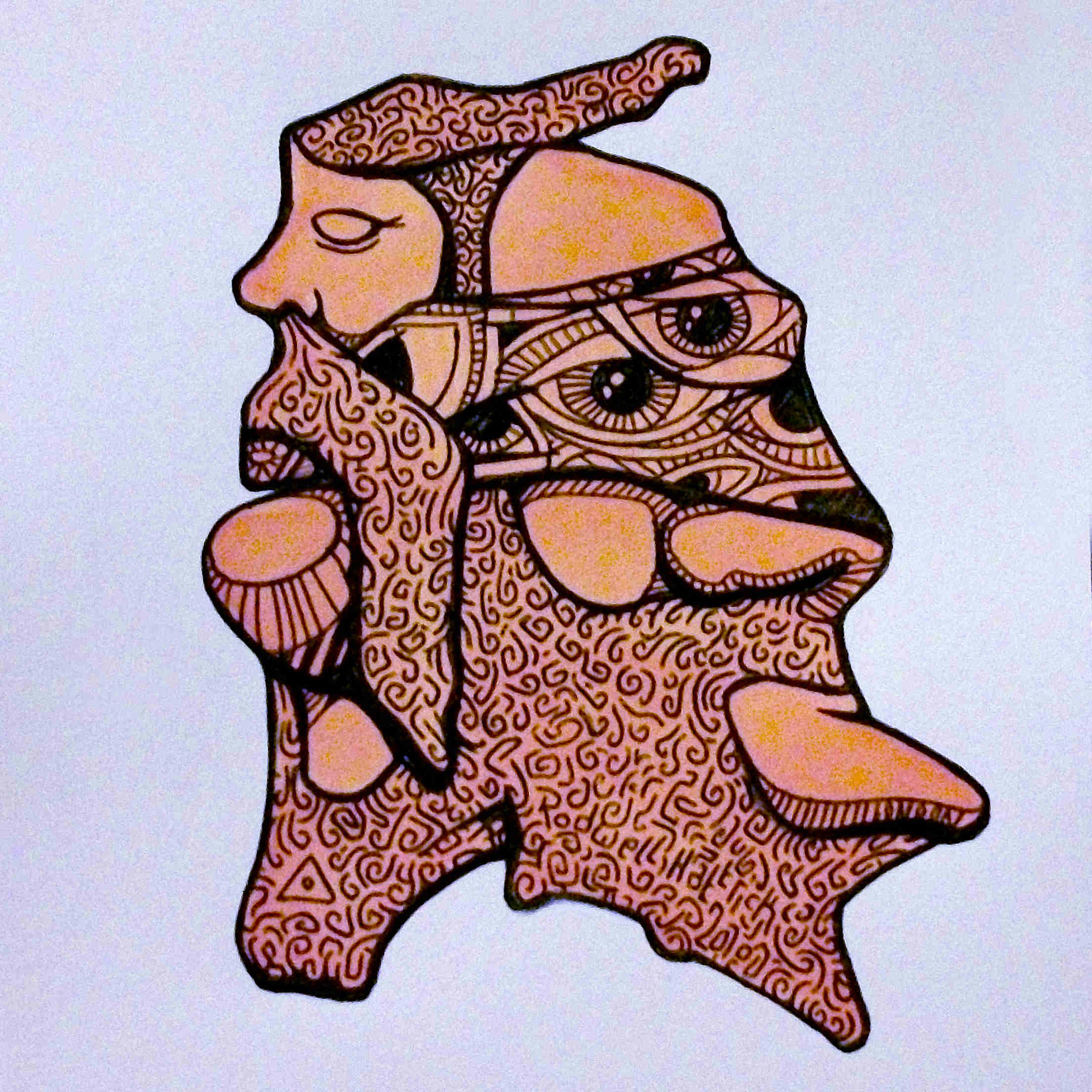 Ink drawing of an unusual face with a blindfold covering the eyes, with eyes printed on the blindfold.
