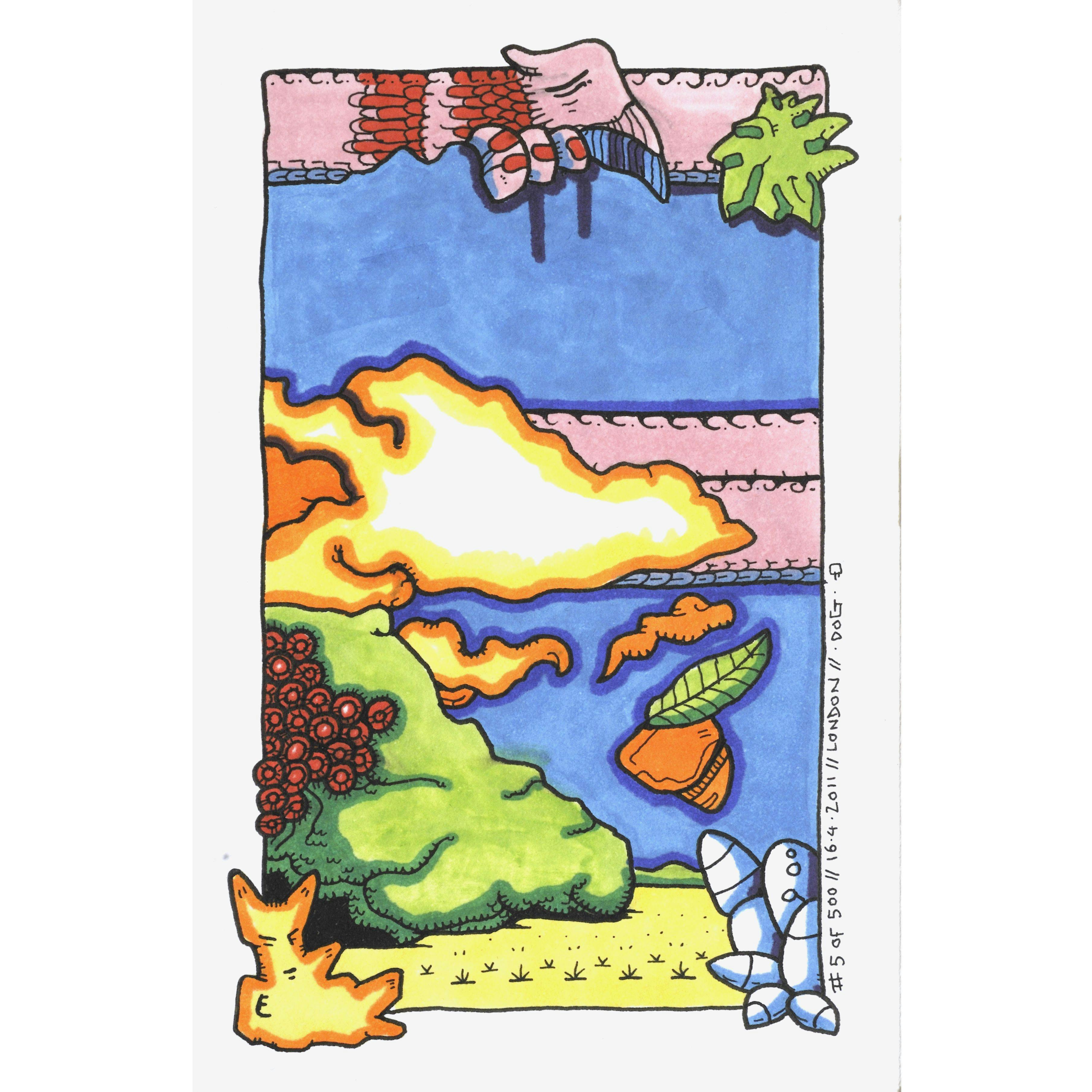 Another Touchdown Rodwell image. It features a long pink, red and blue dragon, white,yellow and orange clouds, bright blue sky, a yellow field and green bushes.